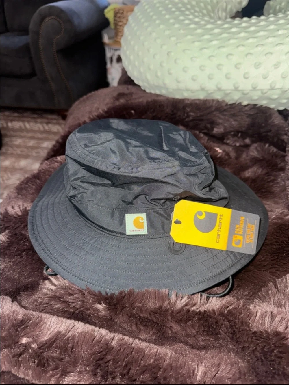 Carhartt Black Bucket Hat with Logo Patch and Chin Cord